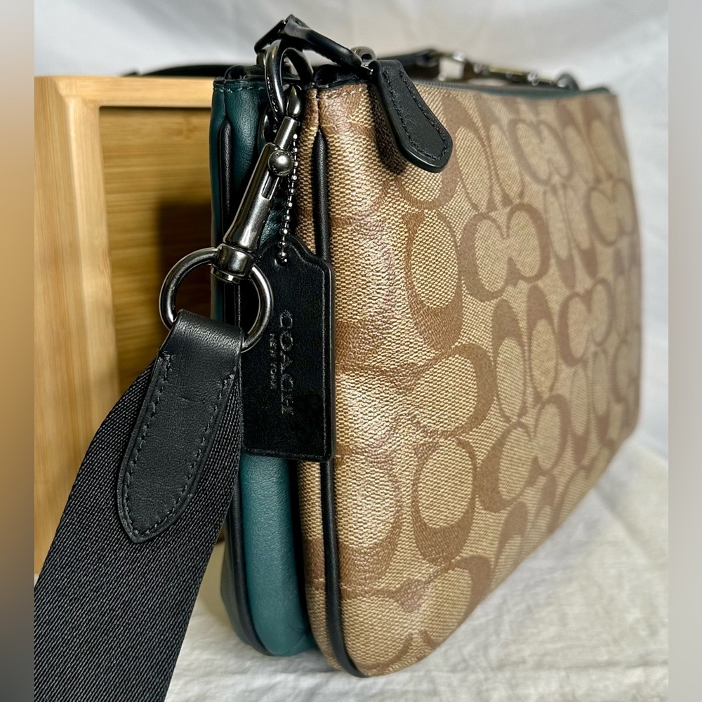 COACH Signature Canvas Logo Everett Colorblock Teal Blue Green Khaki Crossbody